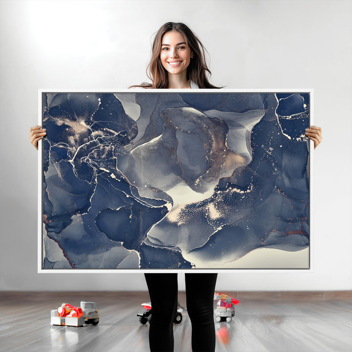 Large Abstract Blue and Gold Canvas Wall Art | Fluid Ink Artwork Print | Luxury Wall Decor for Contemporary Interiors | Framed Ready to Hang