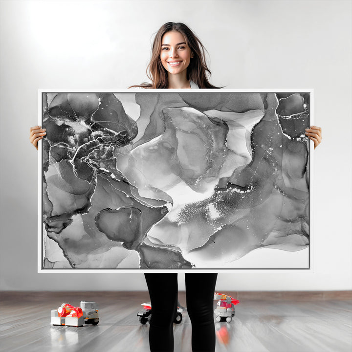 Black White Abstract Canvas Wall Art - Fluid Ink Artwork - Modern Luxury Wall Decor for Contemporary Interiors