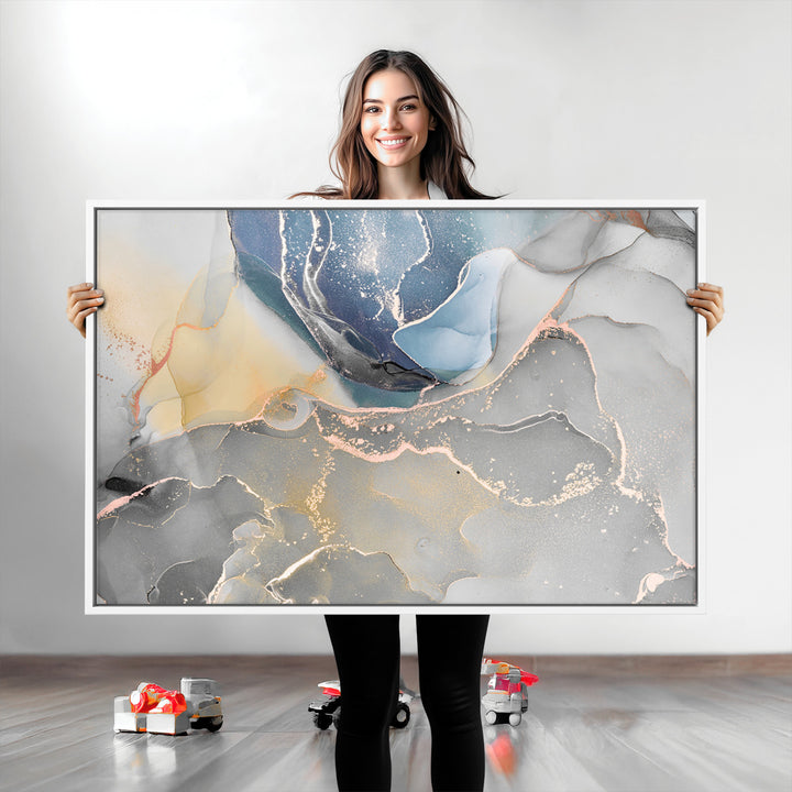 Large Abstract Blue and Gold Canvas Wall Art | Fluid Ink Artwork Print | Luxury Wall Decor for Contemporary Interiors | Framed Blue and Gold