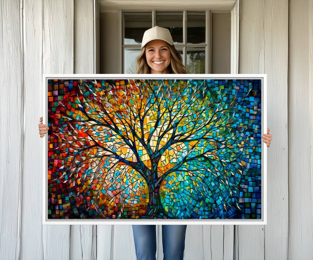 Explore the Yggdrasil Tree of Life Wall Art Print, a 3-panel canvas print made in the USA, featuring a vibrant multicolor mosaic design.