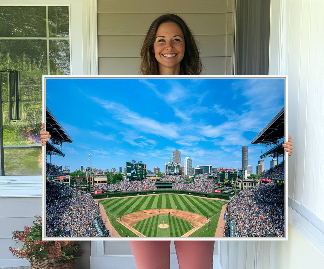 Panoramic view of Wrigley Field, ideal for the Wrigley Field Chicago Cubs Panoramic Canvas Wall Art - Ready to Hang.