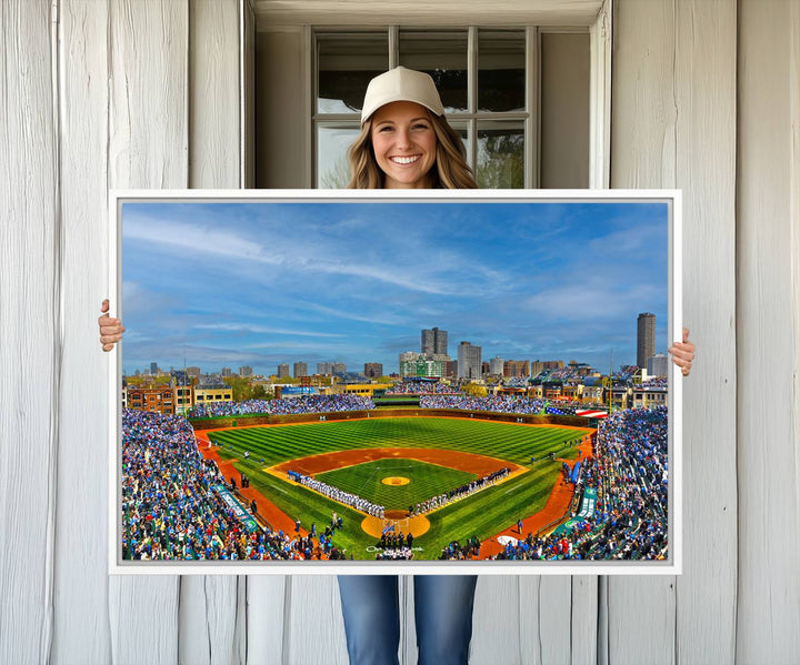 The Wrigley Field Cubs Panoramic Canvas Art hangs prominently in the modern living room.