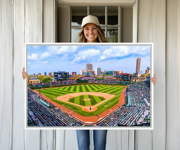 A 3-piece panoramic canvas wall art showcases an aerial view of a packed Chicago Cubs game at Wrigley Field, perfect for sports lovers.