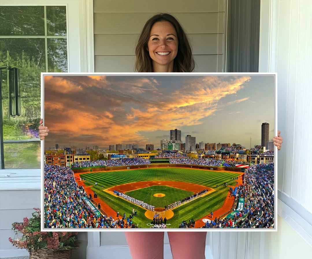 Aerial view of Wrigley Field at sunset against a vibrant sky, creating the perfect Chicago Wrigley Field Canvas Wall Art.