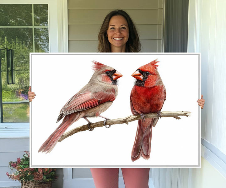 The Cardinal Bird Canvas Wall Art showcases two cardinals on a branch.