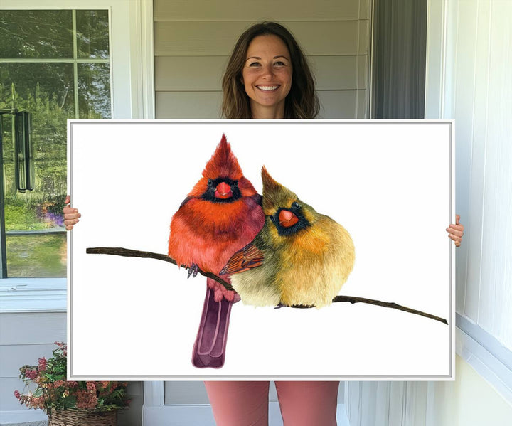 The Cardinal Bird Canvas Wall Art showcases vibrant male and female cardinals, capturing the beauty of nature in vivid detail.