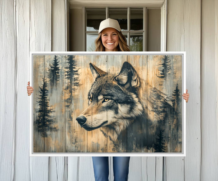 A Wood Style Rustic Wolf Wall Art Canvas Print adorns the kitchen.