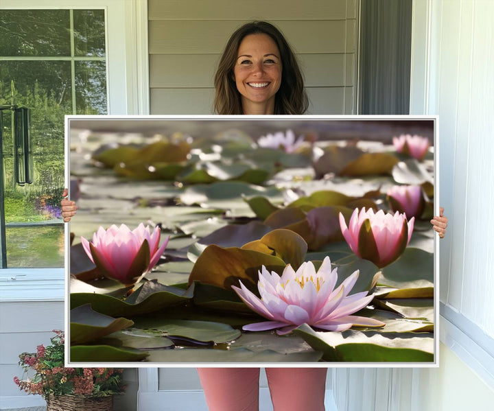 The dining room features the Water Lily Large Canvas Print.