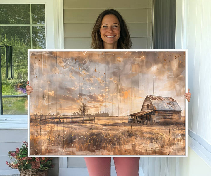 Rustic Farmhouse Wall Art Canvas depicting a barn under a cloudy sky.