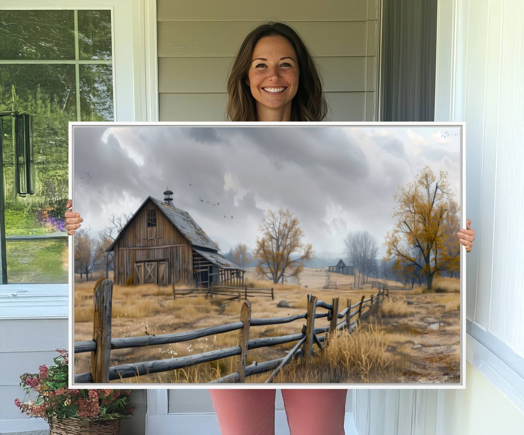 Rustic Autumn Farmhouse Wall Art – Weathered Barn & Trees Canvas Print, featuring a serene scene with birds in the sky. This piece is ready to hang.