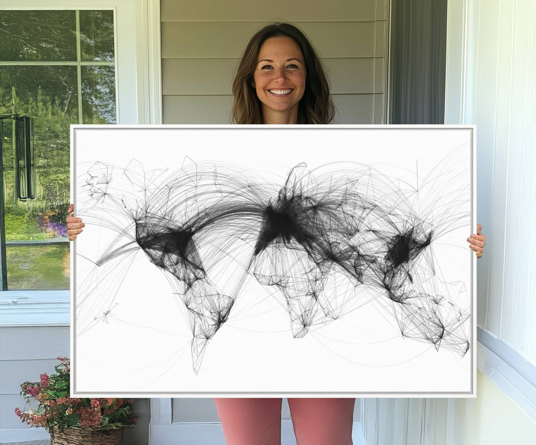 The Flight Routes Air Traffic canvas wall art, framed and ready to hang, is perfect for aviation enthusiasts.