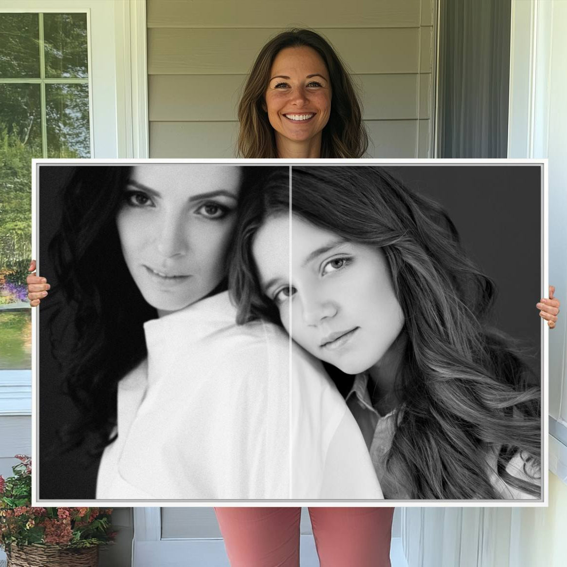 A framed wall art canvas print depicting two women on a dark background.