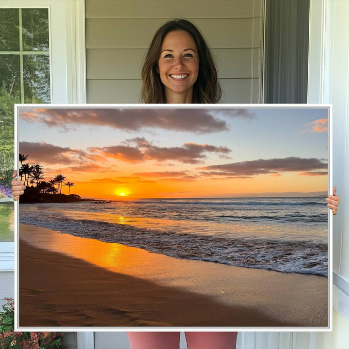 Sunset Wall Art Print featuring a beach sunset with waves and palms, perfect for coastal decor.