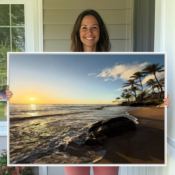 A serene tropical sunset on canvas, featuring palms and waves, serves as perfect Tropical Beach Wall Art for home or office decor.