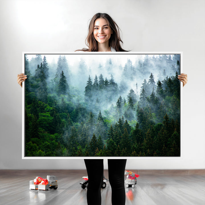 Misty Forest Art Wall Art Canvas Print, Foggy Mountain Art Print, Framed Scenic Wall Print Art Print, Large Woodland Canvas Printing Perfect