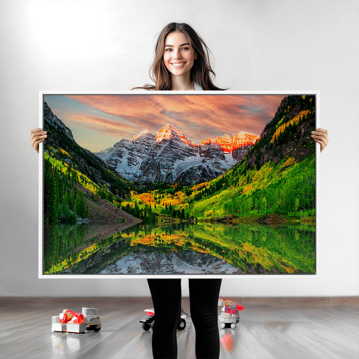 Maroon Bells Lake Wall Art Canvas Print – Majestic Colorado Mountain Landscape, Autumn Reflection, Multi-Panel Framed Artwork for Home,