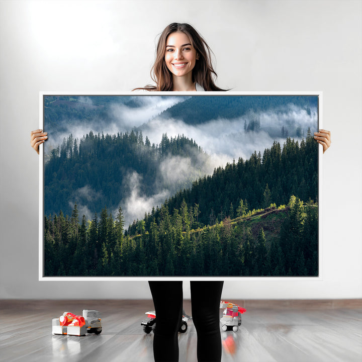 Misty Forest Wall Art Canvas Print, Framed Pine Hills Art Picture Print, Moody Hills Perfect Moody Woodland Decor Artwork