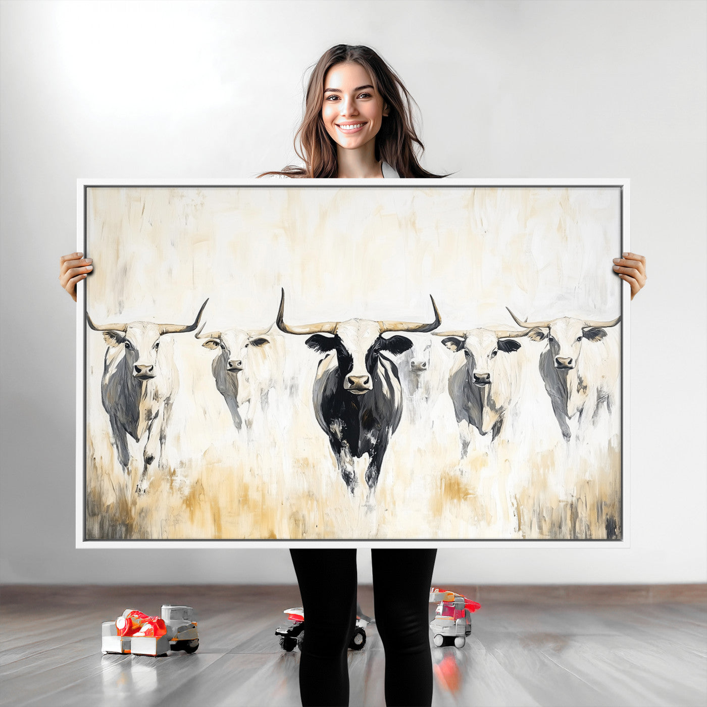 Texas Longhorn Canvas Print, Framed Rustic Herd Art Picture Print, Western Bull Perfect Neutral Western Decor