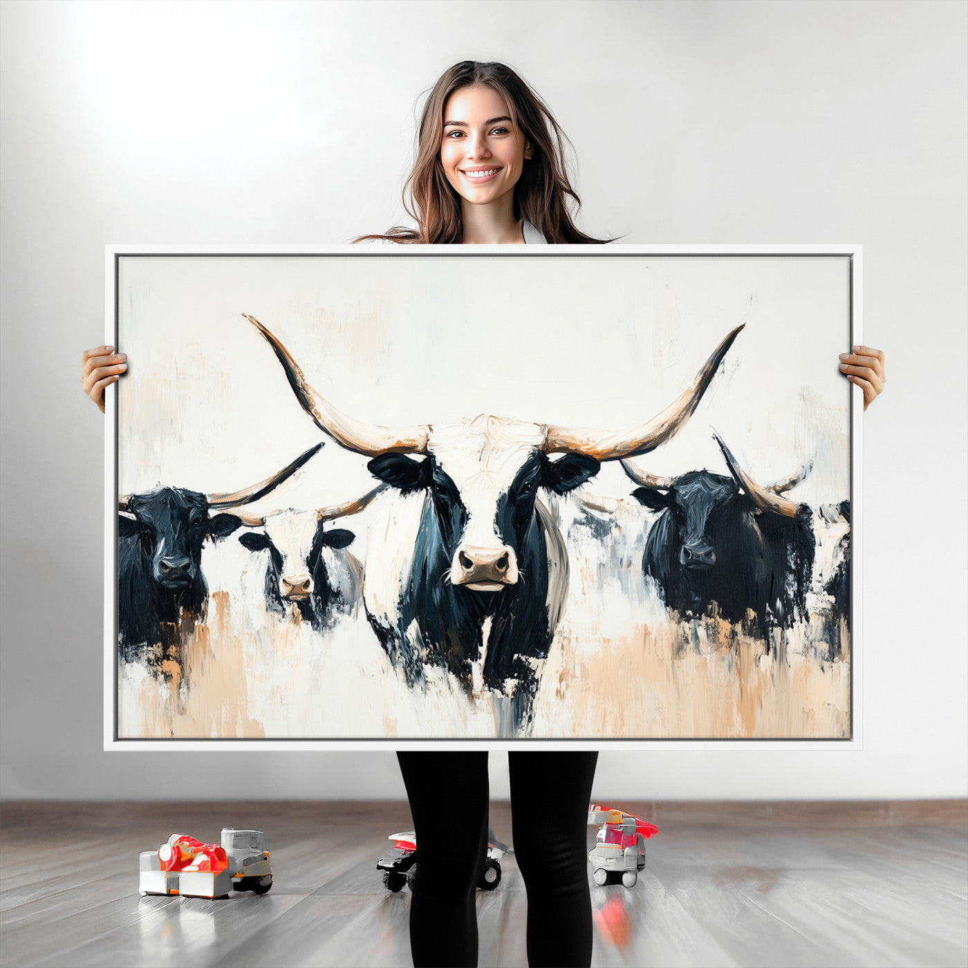 Texas Longhorn Wall Art Canvas Print, Framed Western Cattle Art Picture Print, Horned Bull Perfect Rustic Western Decor, Western Cattle