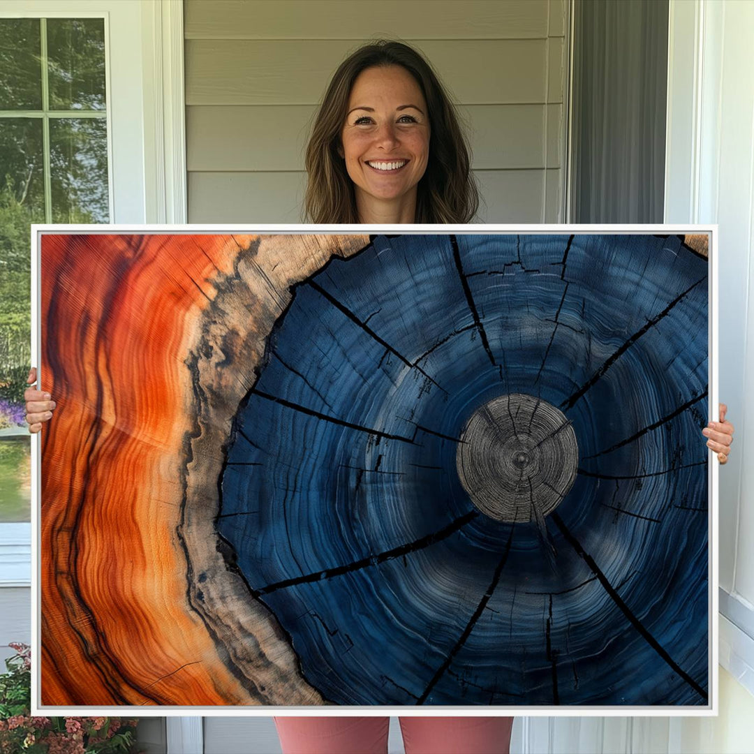 Abstract Tree Rings Canvas Print with vibrant colors—ideal farmhouse wall art for a woodland-themed home.