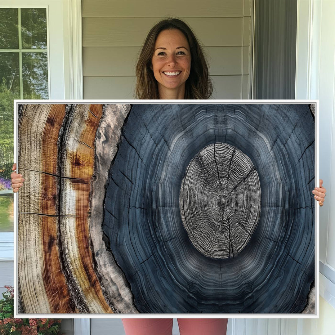 Close-up of the Abstract Tree Rings Wall Art Print featuring shades of blue, brown, and gray.