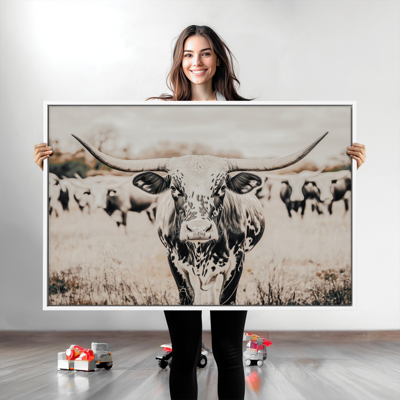 Texas Longhorn Wall Art Canvas Print, Framed Speckled Cow Art Picture Print, Horned Cattle Perfect Rustic Western Decor Artwork