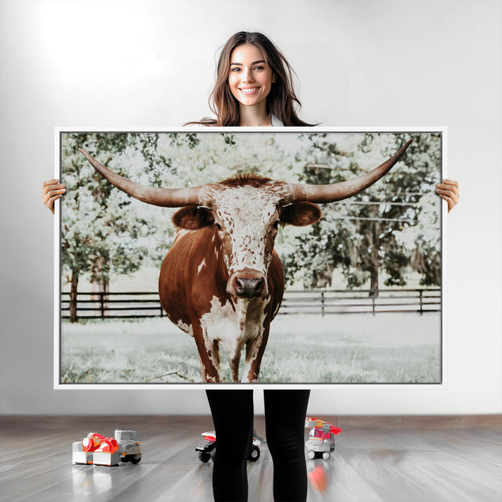 Texas Longhorn Wall Art Canvas Print, Framed Spotted Cow Art Picture Print, Horned Cattle Perfect Rustic Western Decor, Framed Horned Cattle Print