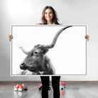 64392617-MGV-CV-36X24-Longhorn Wall Art Wall Art Canvas Print, Framed Modern Ranch Style Art Art Picture Print, Monochrome Cow Print Perfect Rustic Western Decor