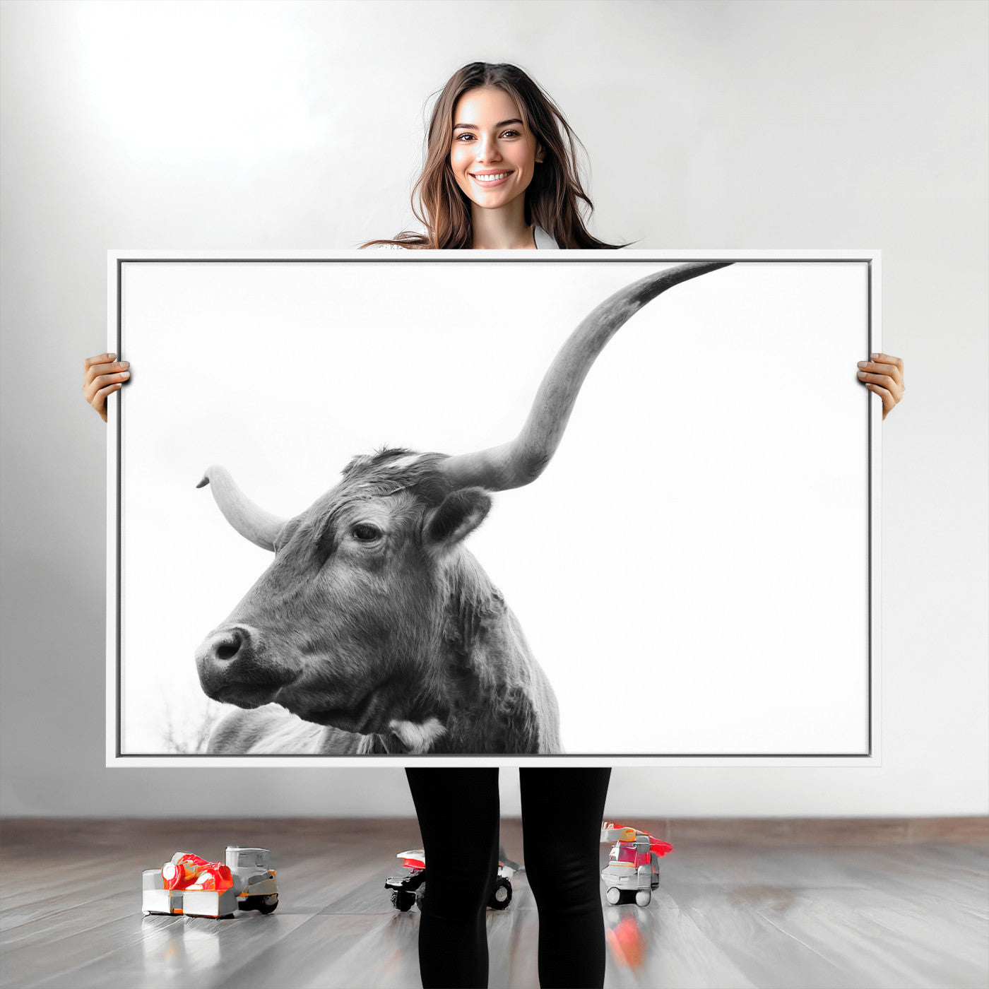 64392617-MGV-CV-36X24-Longhorn Wall Art Wall Art Canvas Print, Framed Modern Ranch Style Art Art Picture Print, Monochrome Cow Print Perfect Rustic Western Decor