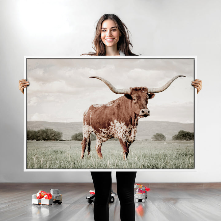 Texas Longhorn Wall Art Canvas Print, Framed Spotted Cattle Art Picture Print, Horned Bull Perfect Rustic Western Decor Artwork