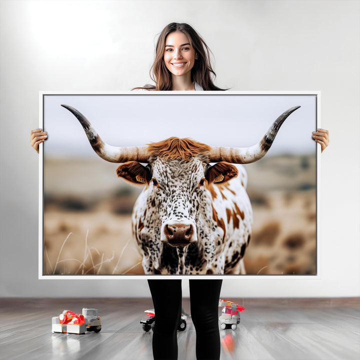 Texas Longhorn Wall Art Canvas Print, Framed Spotted Cow Art Picture Print, Horned Cattle Perfect Rustic Western Decor Artwork