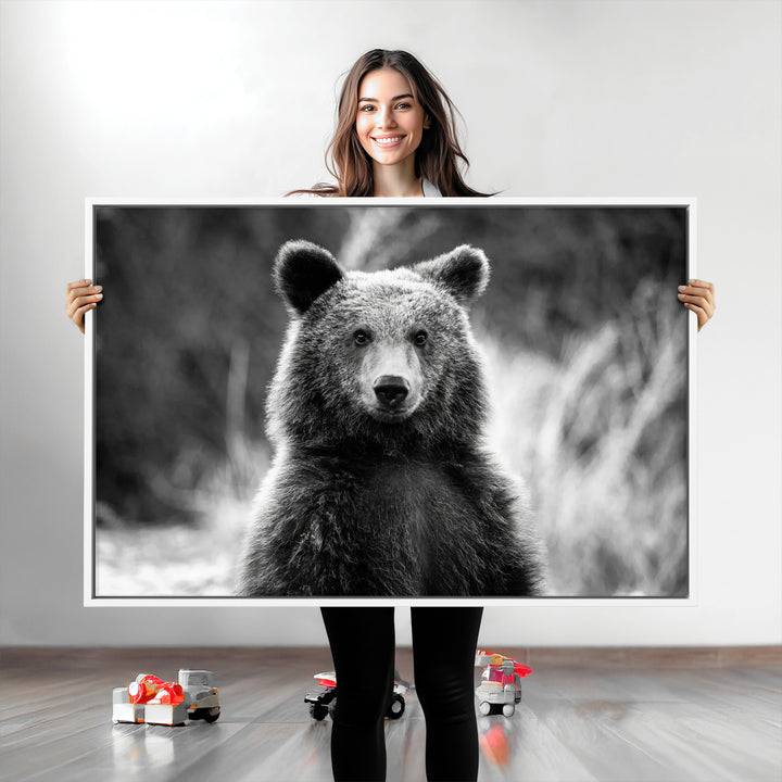 Grizzly Bear Wall Art Canvas Print, Framed Black White Bear Art Picture Print, Wild Bear Perfect Rustic Wildlife Decor