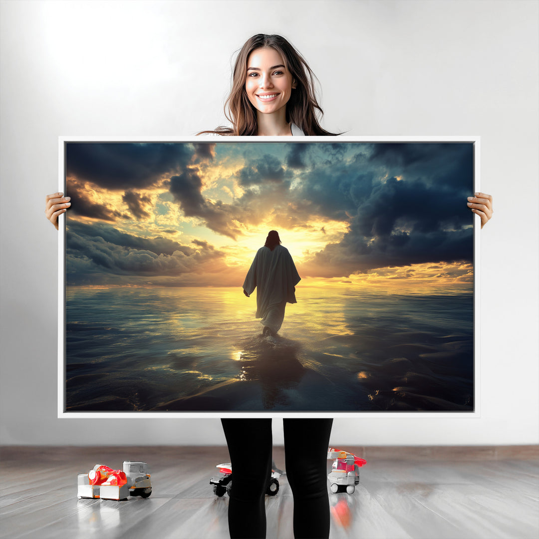 Jesus Walks Wall Art Canvas Print, Framed Divine Sunset Art Picture Print, Spiritual Light Perfect Spiritual Tranquil Decor Artwork