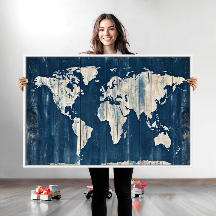 World Map Wall Art Canvas Print, Rustic Map Print, Framed Wooden World Map Art Print, Large Antique Map Decor Printing Perfect for Vintage Decor