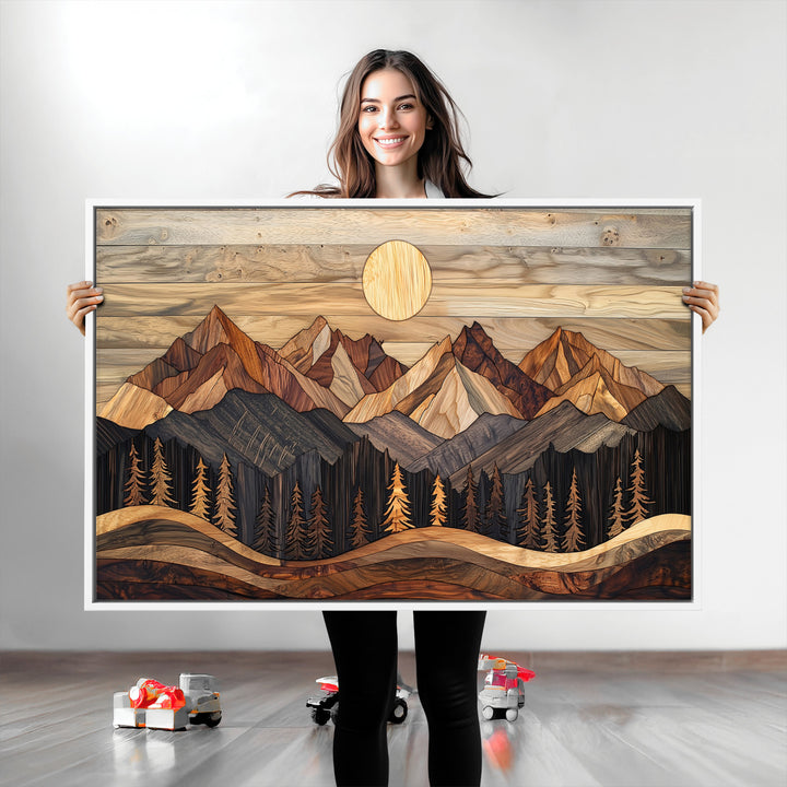 Wood Mountain Wall Art Canvas Print, Framed Boho Wood Art Print, Abstract Woodland Farmhouse Decor
