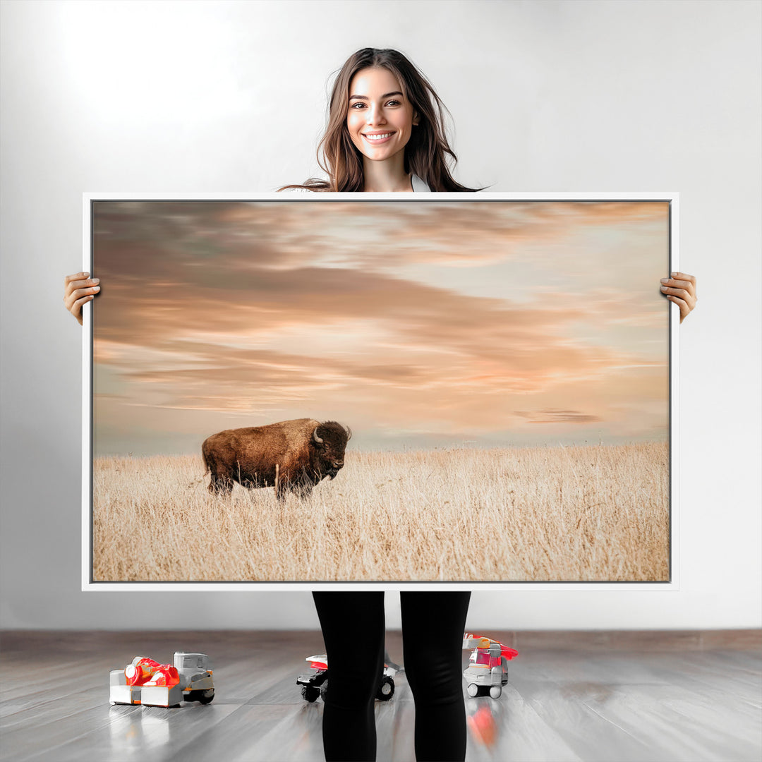 Bison Wall Art Canvas Print, Buffalo Print, Framed Western Prairie Art Print, Large Rustic Wildlife Printing Perfect for Rustic Decor