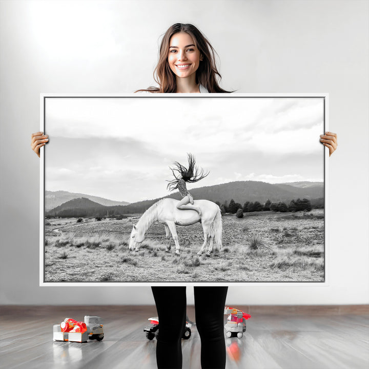 White Horse Wall Art Canvas Print, Woman Rider Print, Framed Equestrian Pose Art Print, Large Grazing Horse Printing Western Boho