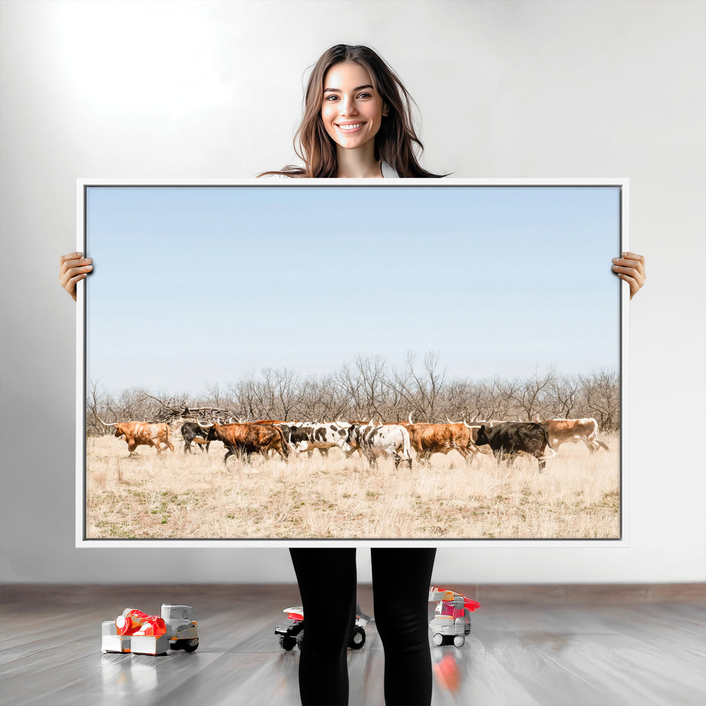 Texas Longhorns Wall Art Canvas Print, Western Cattles Print Wall Art, Framed Rustic Herd Art Print, Large Country Cows Printing Rustic
