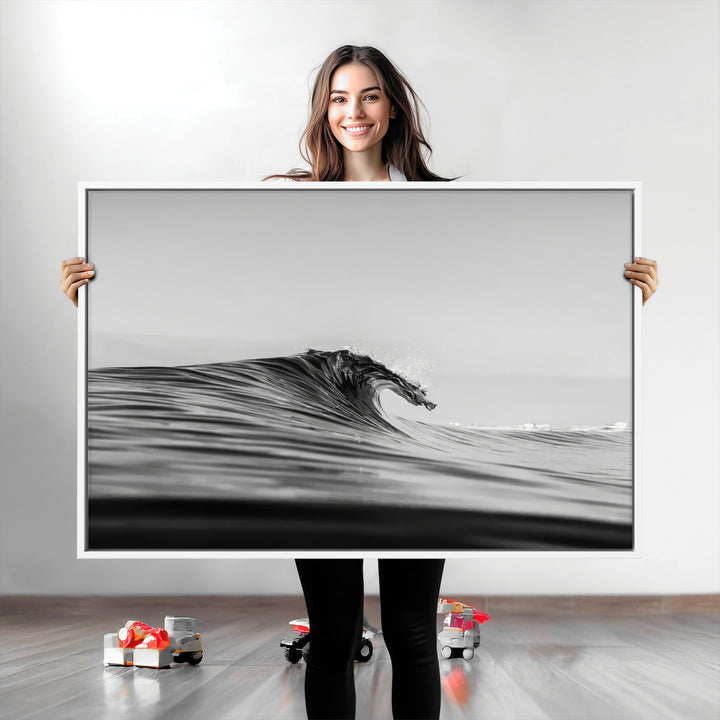 Black Wave Wall Art Canvas Print, Abstract Surf Print, Framed Minimalist Ocean Art Print, Large Black Water Printing Minimalist