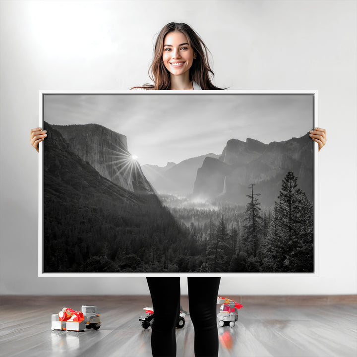 Yosemite Valley Wall Art Canvas Print, Framed El Capitan Sunrise Print, Framed Misty Mountain Art Print, Large Monochrome Valley Printing