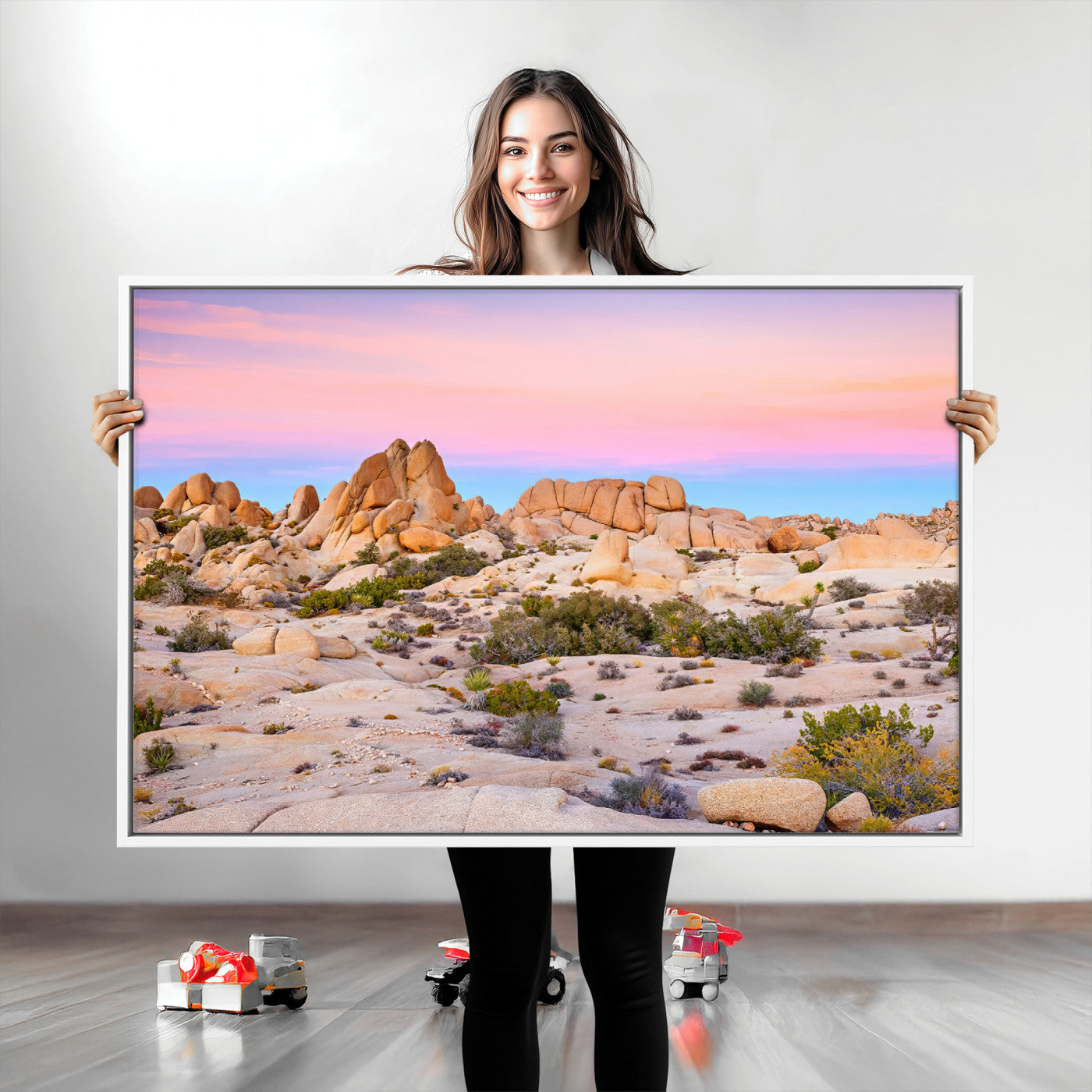 A breathtaking desert landscape featuring rugged rock formations under a vibrant pastel sunset sky, capturing the warmth and serenity of a Southwestern wilderness.