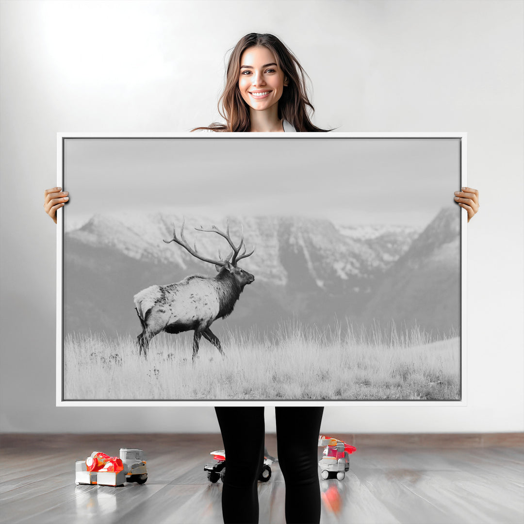 Rustic Elk Wall Art Canvas Print, Wildlife Antler Print, Framed Western Hunting Lodge Art Print, Large Mountain Nature Scene Printing Perfect for Japanese Decor