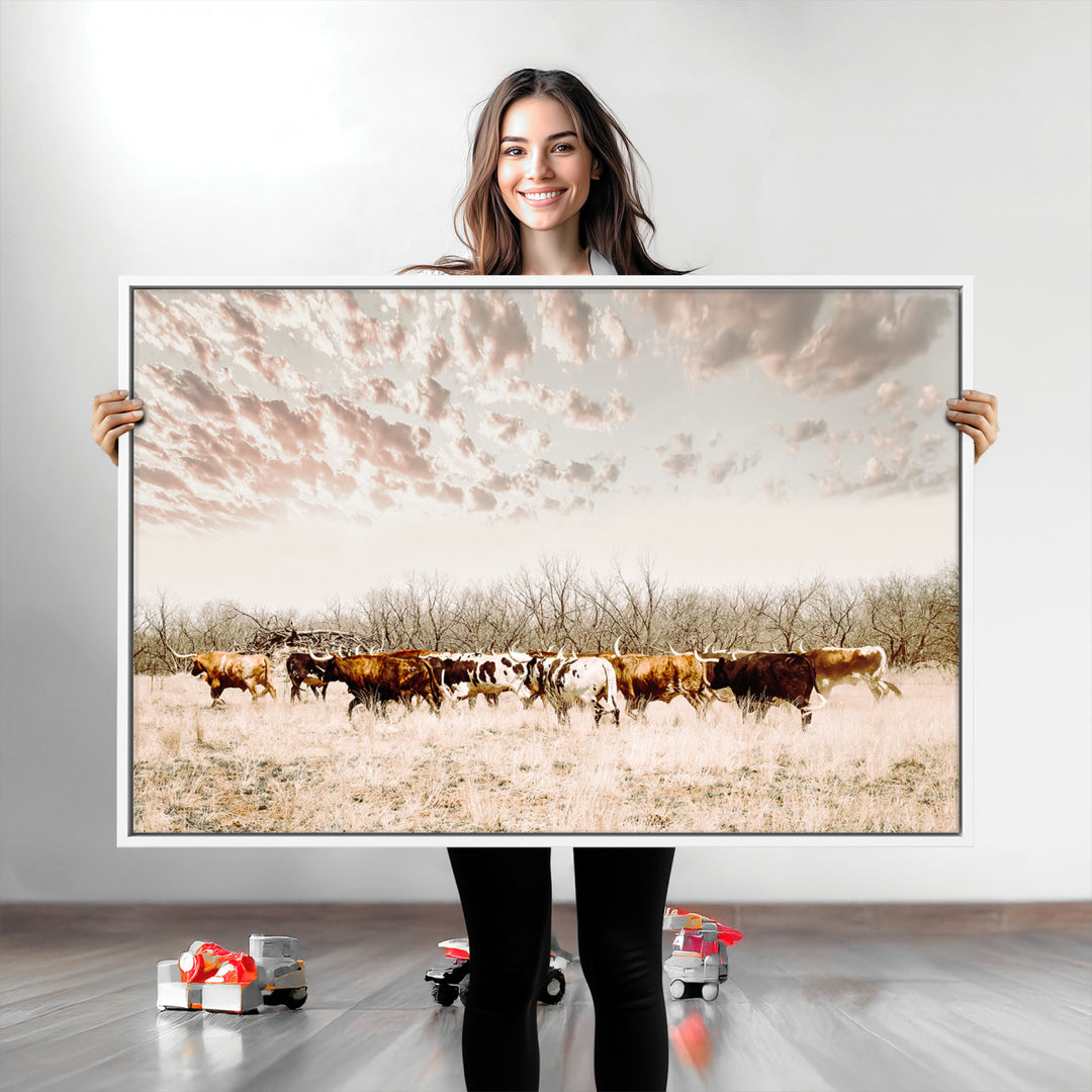 Longhorn Cattle Wall Art Canvas Print, Texas Ranch Print, Framed Western Cow Art Print, Large Prairie Landscape Printing Perfect for Western Decor