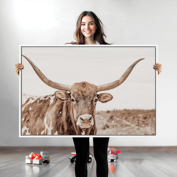 Longhorn Cow Wall Art Canvas Print, Framed Texas Ranch Art Picture Print, Western Bull Perfect County Decor Artwork