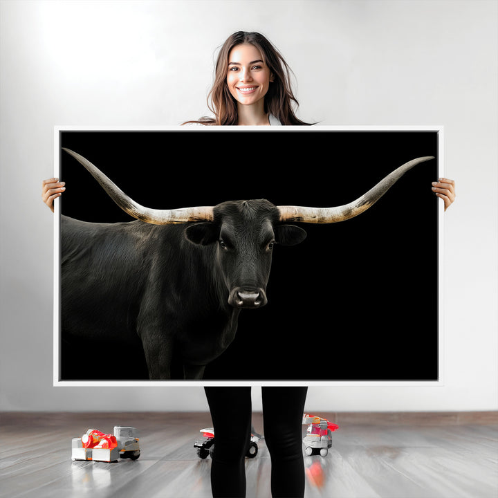 Black White Longhorn Bull Wall Art Canvas Print, Texas Ranch Print, Framed Western Cow Art Print for Farmhouse Decor - Longhorn Print