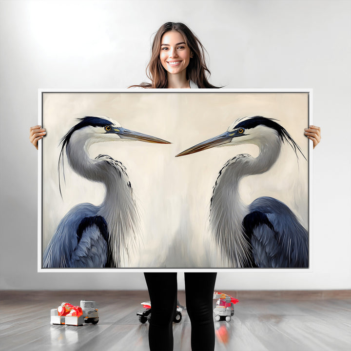 Blue Heron Pair Art Canvas Print, Coastal Bird Theme Print, Framed Tranquil Wildlife Scene Art Print, Large Nature Inspired Decor