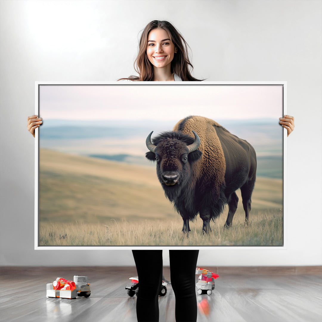 Bison Wall Art Canvas Print, Buffalo Canvas Print Print, Framed American Bison Decor Art Print, Large Frontier Style Printing Perfect