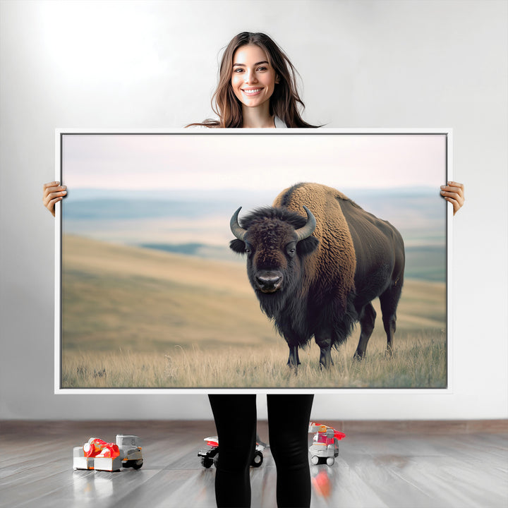 Bison Wall Art Canvas Print, Buffalo Canvas Print Print, Framed American Bison Decor Art Print, Large Frontier Style Printing Perfect
