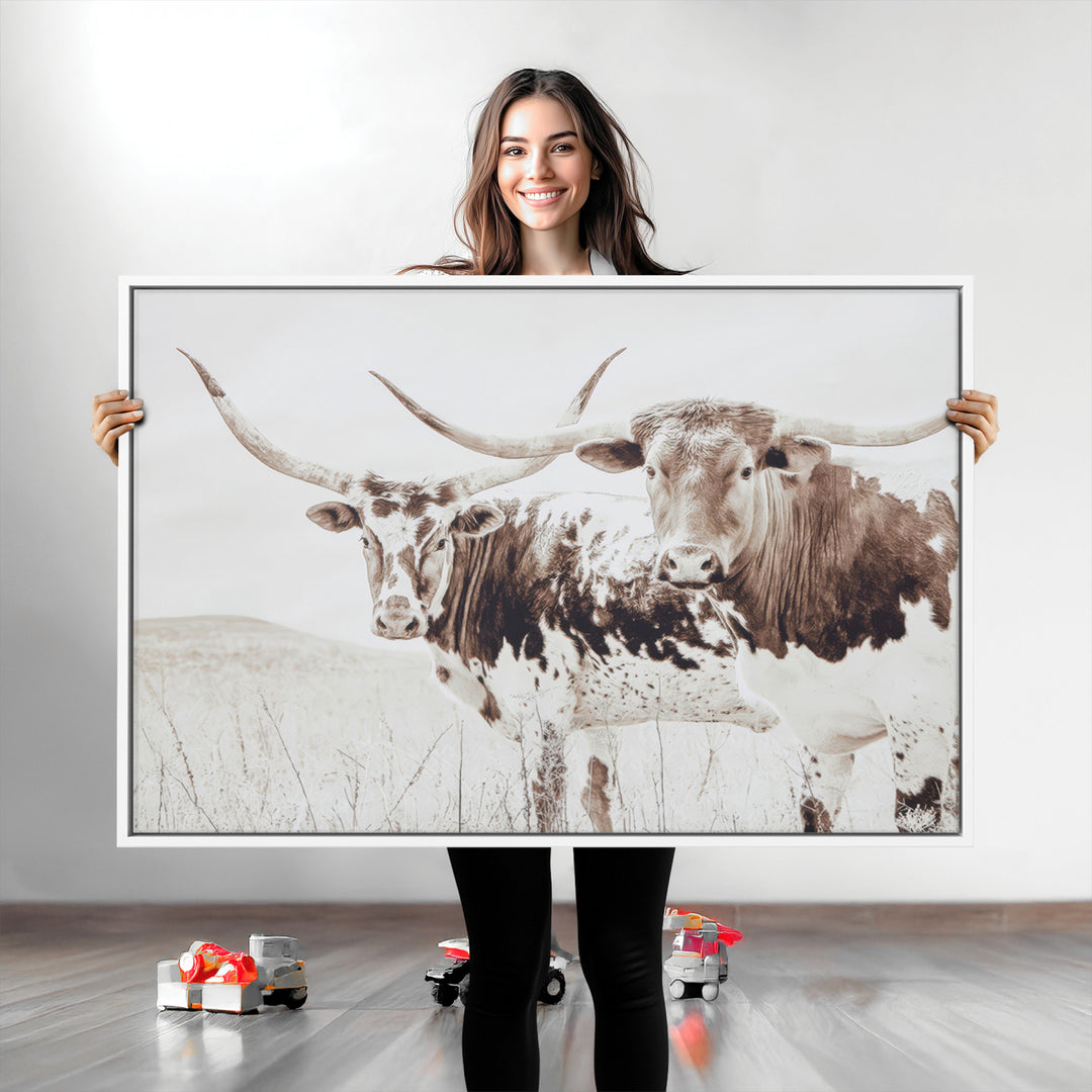 Longhorn Wall Art Canvas Print, Longhorn Wall Art Wall Art Canvas Print, Western Cow Canvas Print, Framed Rustic Farm Decor Art Print,