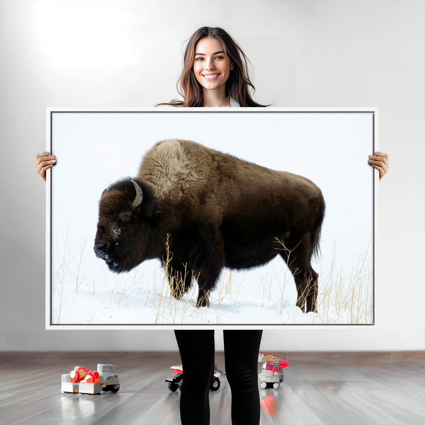 Bison Photography Wall Art Canvas Print, Framed Western Wildlife Art Picture Print, Buffalo On Snow Perfect Western Decor Artwork